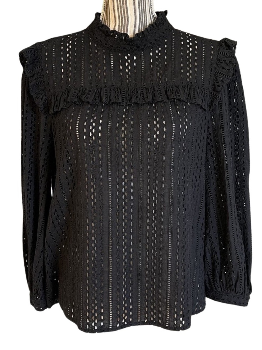 Madewell Eyelet Ruffle Black Long Sleeve Blouse XL